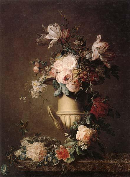 unknow artist A Still life of various flowers in a sculpted urn,resting on a marble-topped table oil painting image